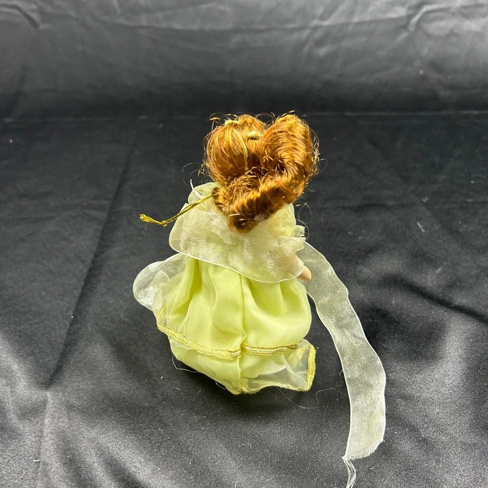 Vintage Miniature Porcelain Angel Doll Red Hair Green Organza Dress Gold Halo